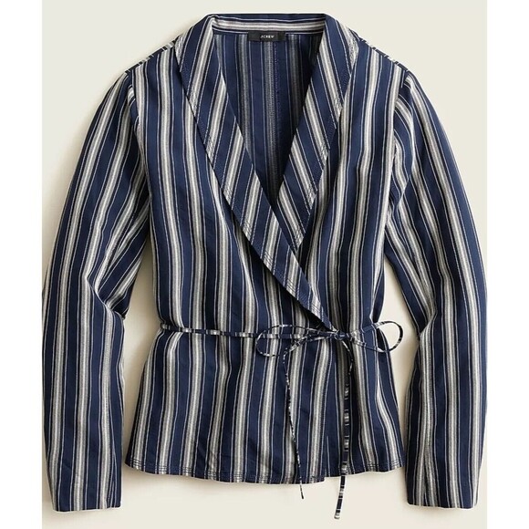 NWOT J.Crew Women Navy Striped Wrap Blazer Sz L Lightweight Career BohoChic $118 - Picture 2 of 14